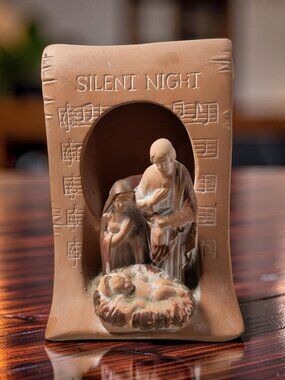 Vintage CMC Terracotta Nativity Scene Candle Holder the Holy Family inscription